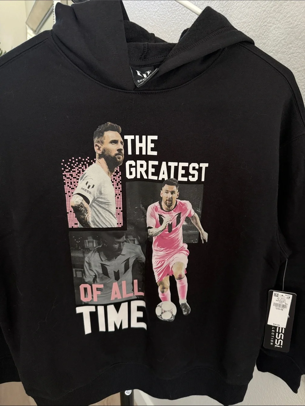 Messi Black Hoodie with Pink and White Soccer Graphic
